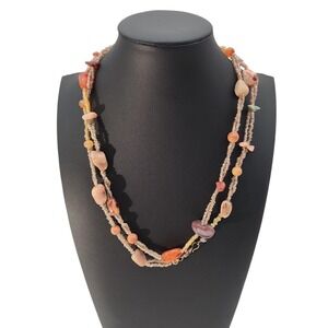 Vintage boho seed bead and natural stones 42" long necklace